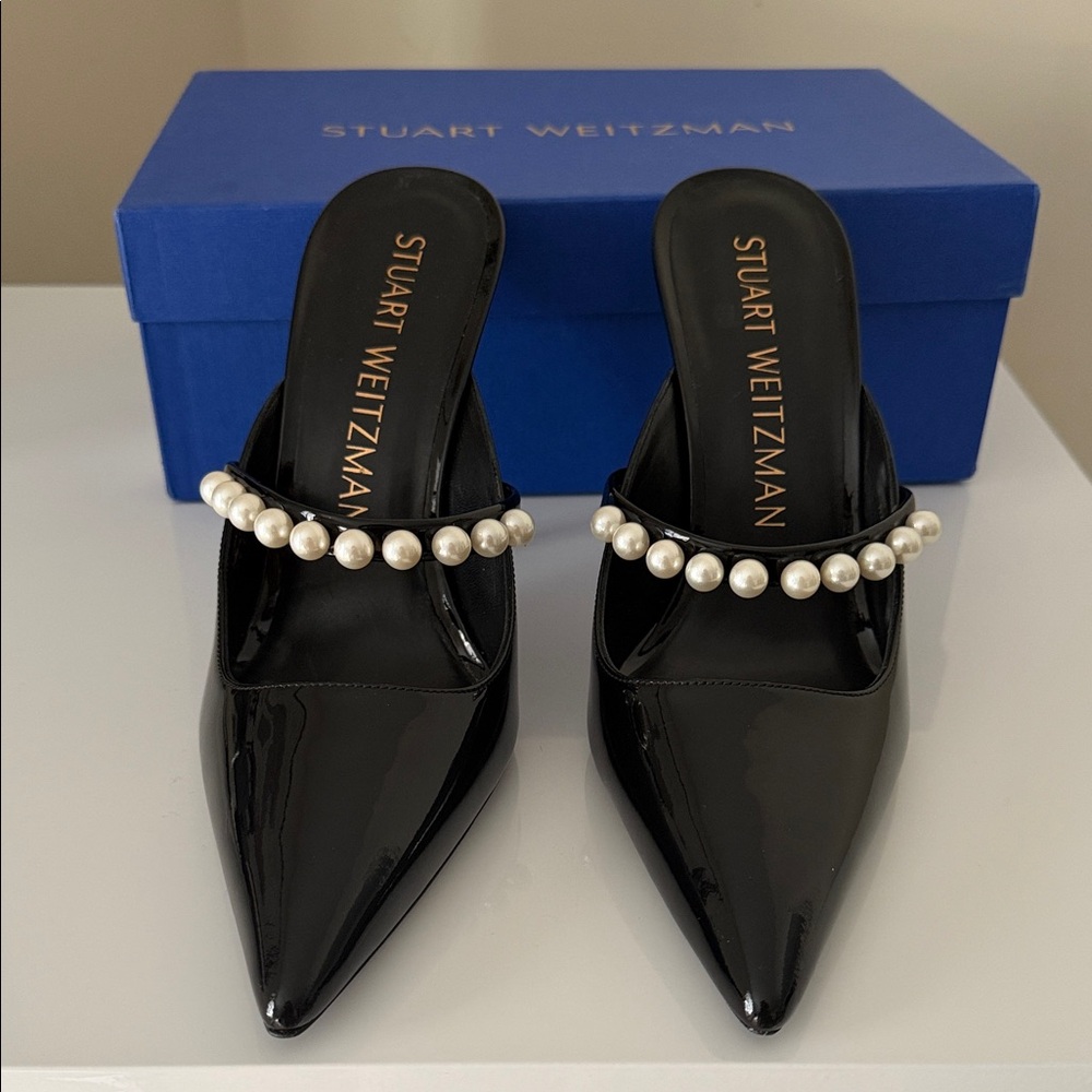 Stuart Weitzman Black Mules with Pearl Detail